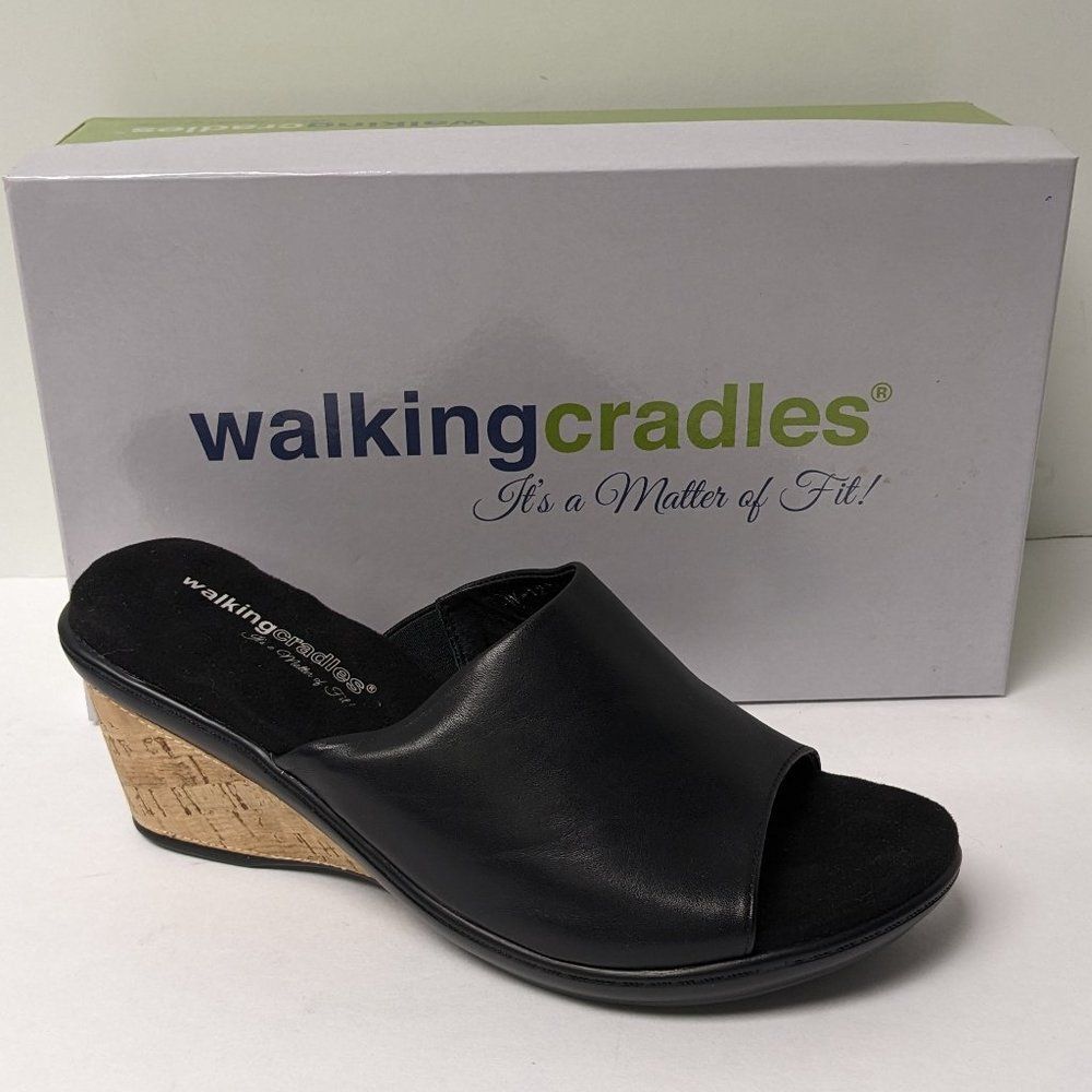 NIB Walking Cradles Lynn Wedge Sandal Mules, Black Leather, Cork trim, Sz 9 NEW